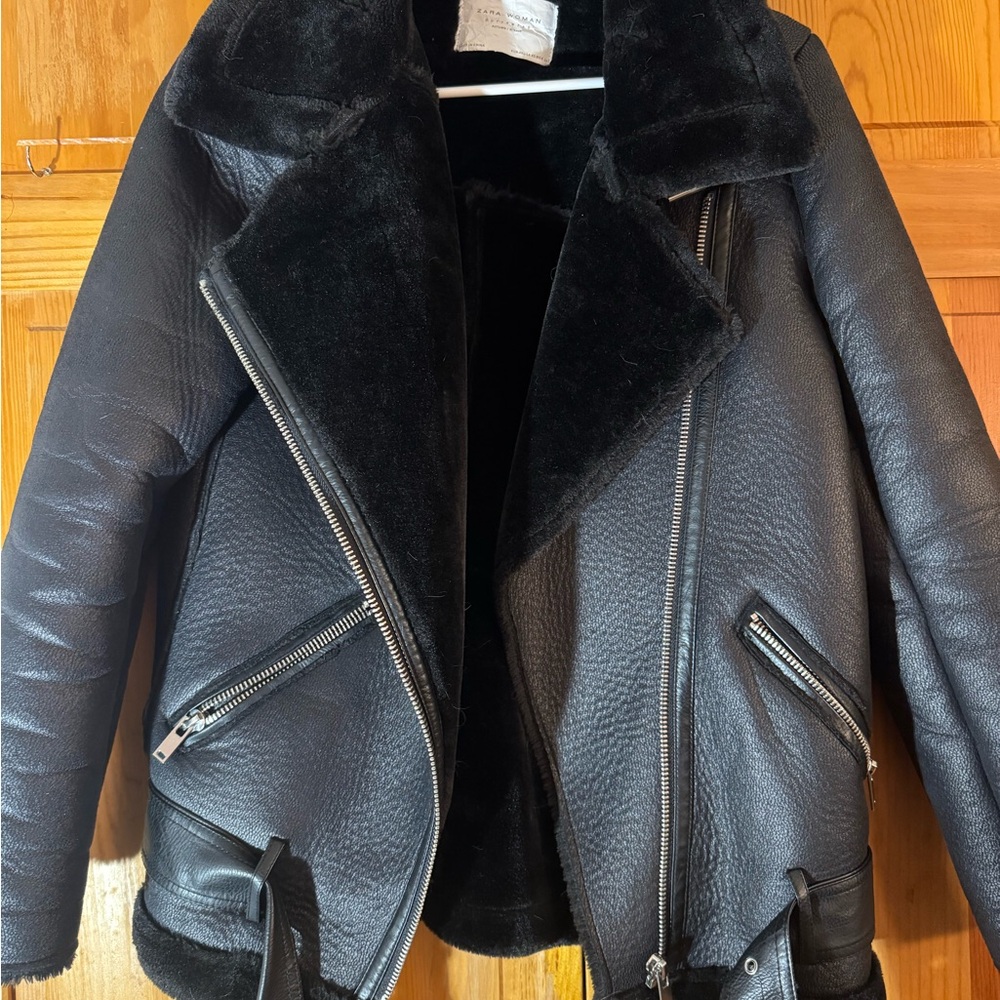 Zara Black Leather Jacket with Shearling Lining